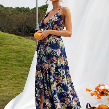 Botanical Print Crisscross Lace-Up Dress - LXM Fashion 