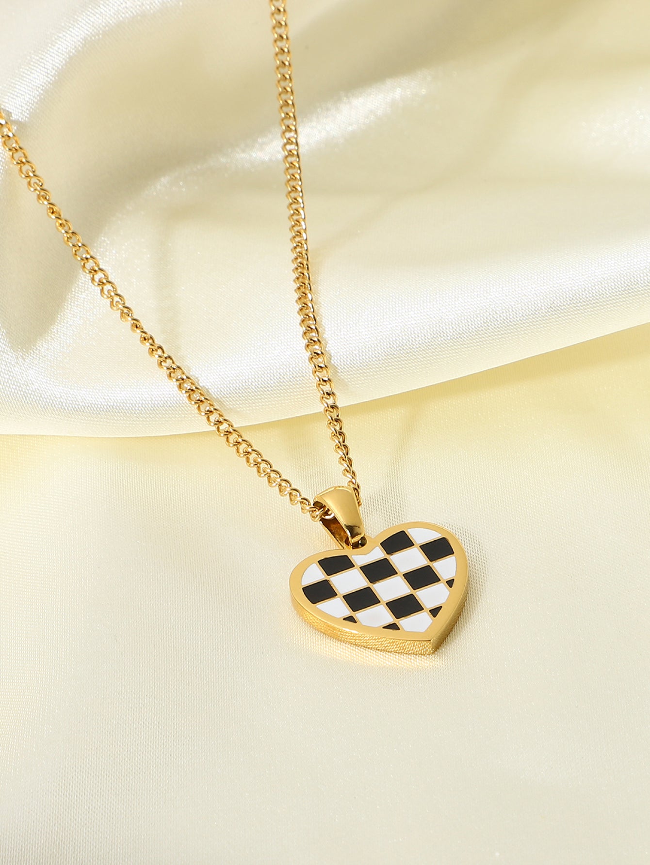 Checkerboard Heart Pendant Chain Necklace - LXM Fashion 