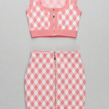 Gingham Zip Front Crop Top and Skirt Set - LXM Fashion 