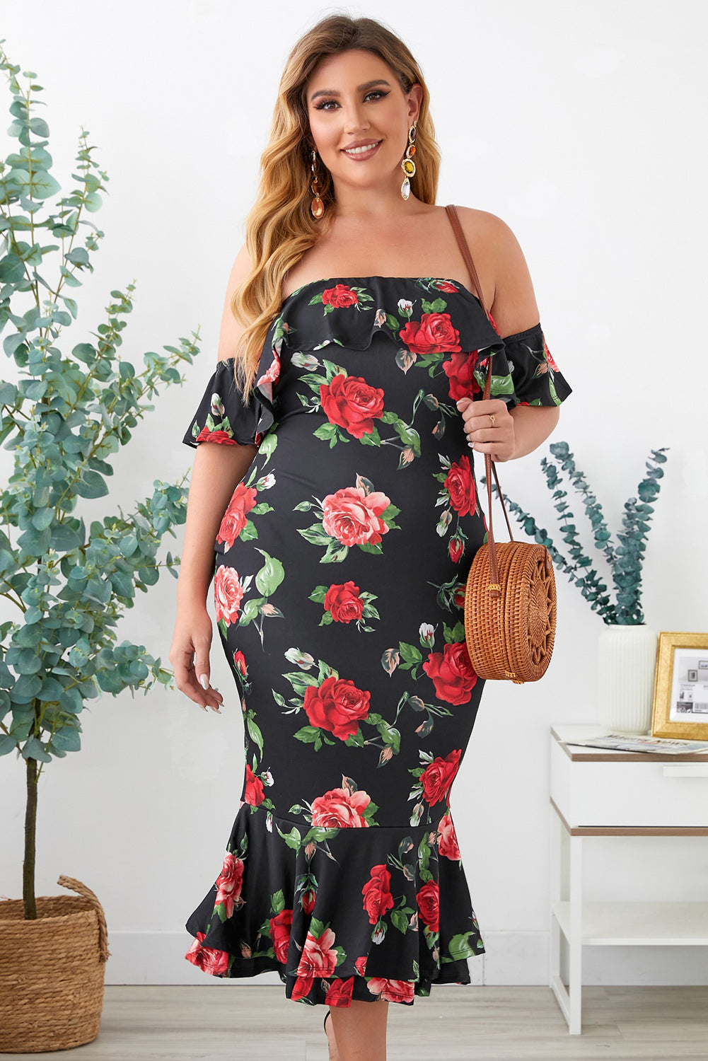 Plus Size Floral Off-Shoulder Fishtail Dress