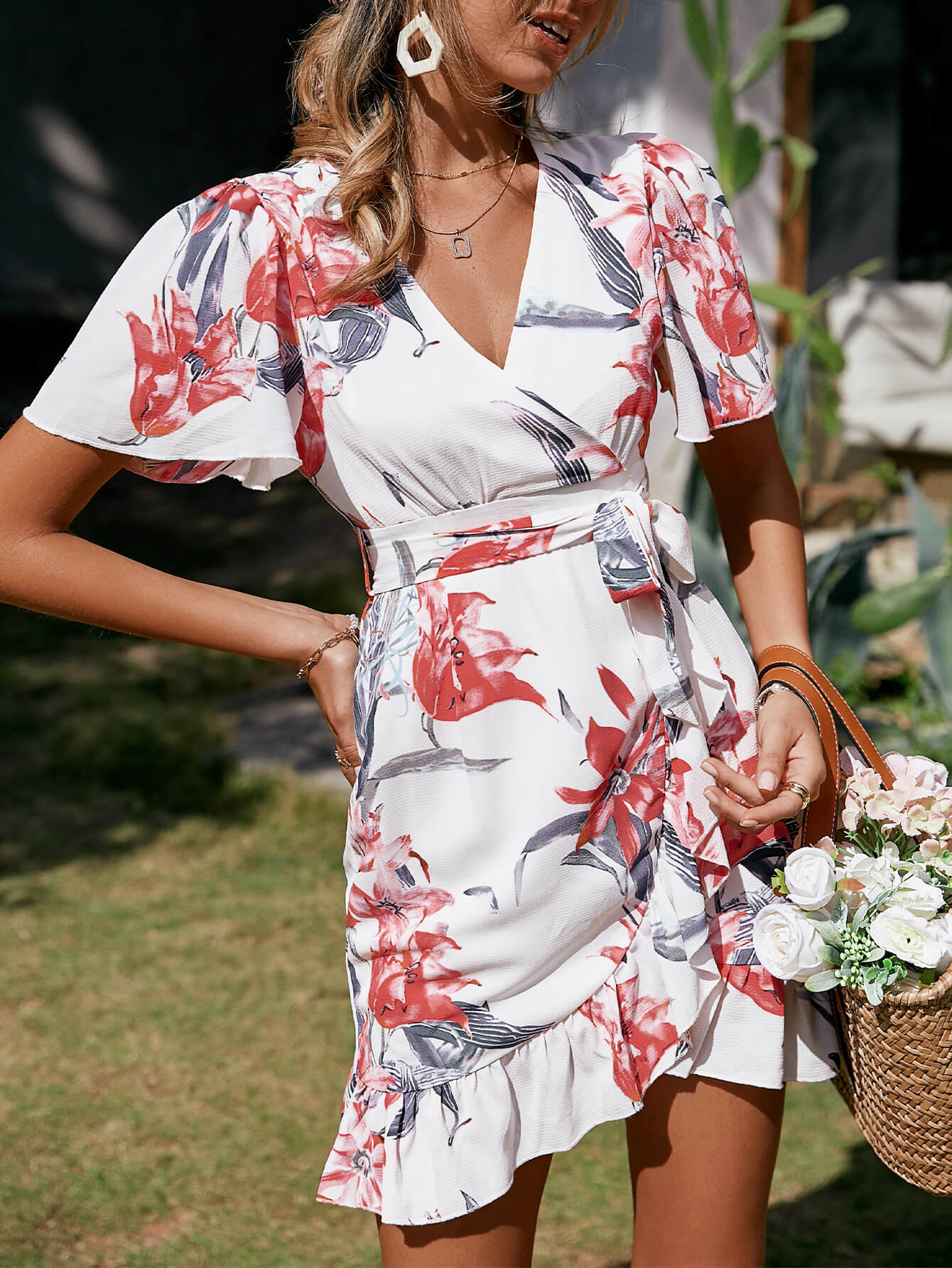 Floral Belted Ruffle Hem Surplice Wrap Dress - LXM Fashion 