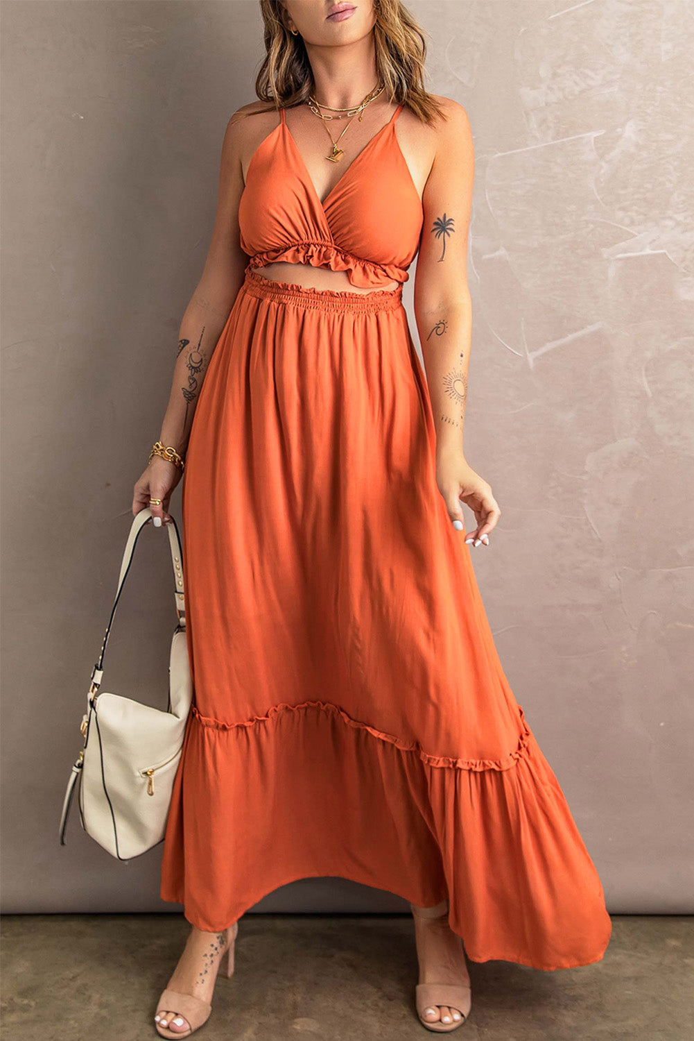 Frill Trim Cutout Spaghetti Strap Maxi Dress - LXM Fashion 
