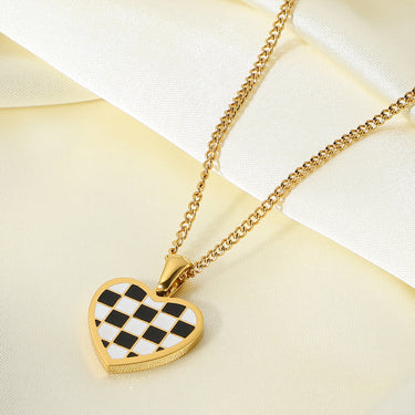 Checkerboard Heart Pendant Chain Necklace - LXM Fashion 