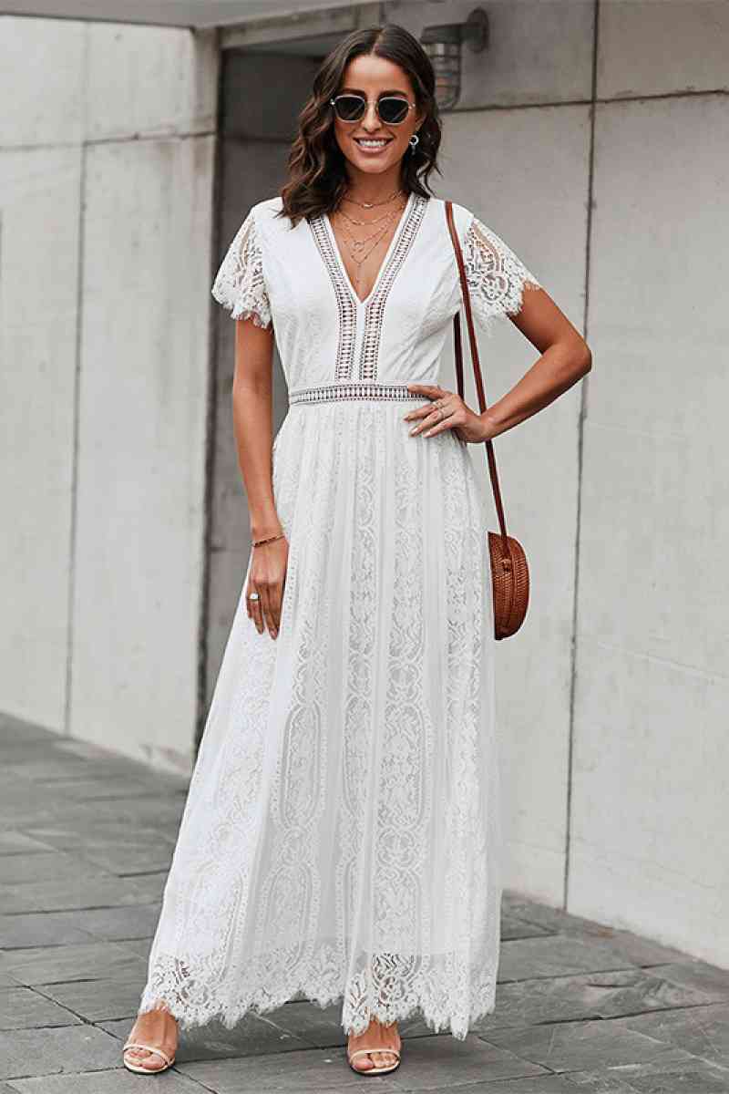 Fashion Collection Lace Hollow-Out V Neck Maxi Dress - LXM Fashion 