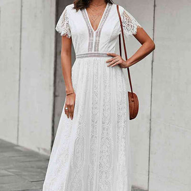 Fashion Collection Lace Hollow-Out V Neck Maxi Dress - LXM Fashion 