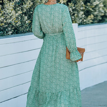 Printed Tie Belt Ruffle Hem Dress - LXM Fashion 