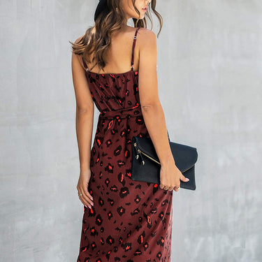 Printed Spaghetti Strap V-Neck Belted Dress - LXM Fashion 