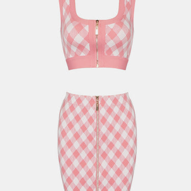 Gingham Zip Front Crop Top and Skirt Set - LXM Fashion 