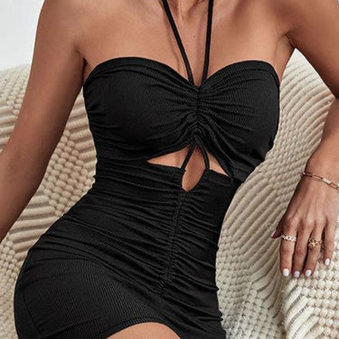 Ruched Cutout Halter Neck Mini Dress - LXM Fashion 