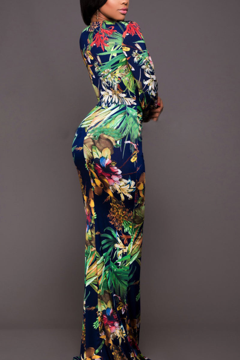 Fashion Collection Printed Plunge Neck Leg Split Maxi Dress - LXM Fashion 