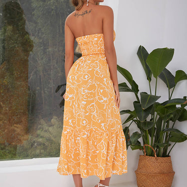Printed Cutout Ruffle Hem Strapless Maxi Dress - LXM Fashion 