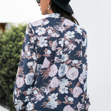 Floral Print Covered Button Front Blouse - LXM Fashion 