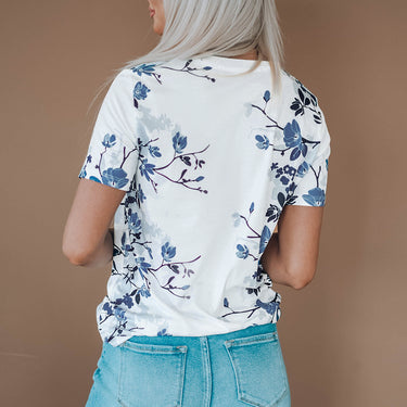 Floral Round Neck Short Sleeve Tee Shirt - LXM Fashion 