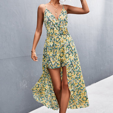 Floral Spaghetti Strap Surplice Romper with Skirt Overlay - LXM Fashion 