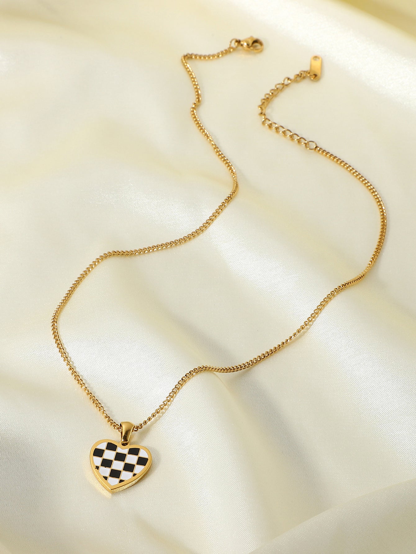 Checkerboard Heart Pendant Chain Necklace - LXM Fashion 