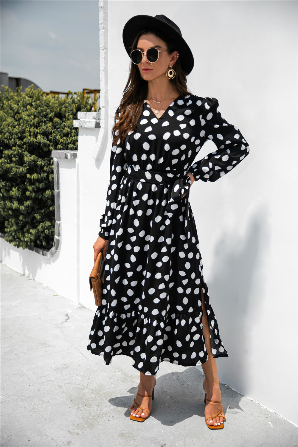 Polka Dot Split Ruffle Hem Dress - LXM Fashion 