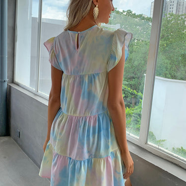 Tie-Dye Flutter Sleeve Mini Tiered Dress - LXM Fashion 