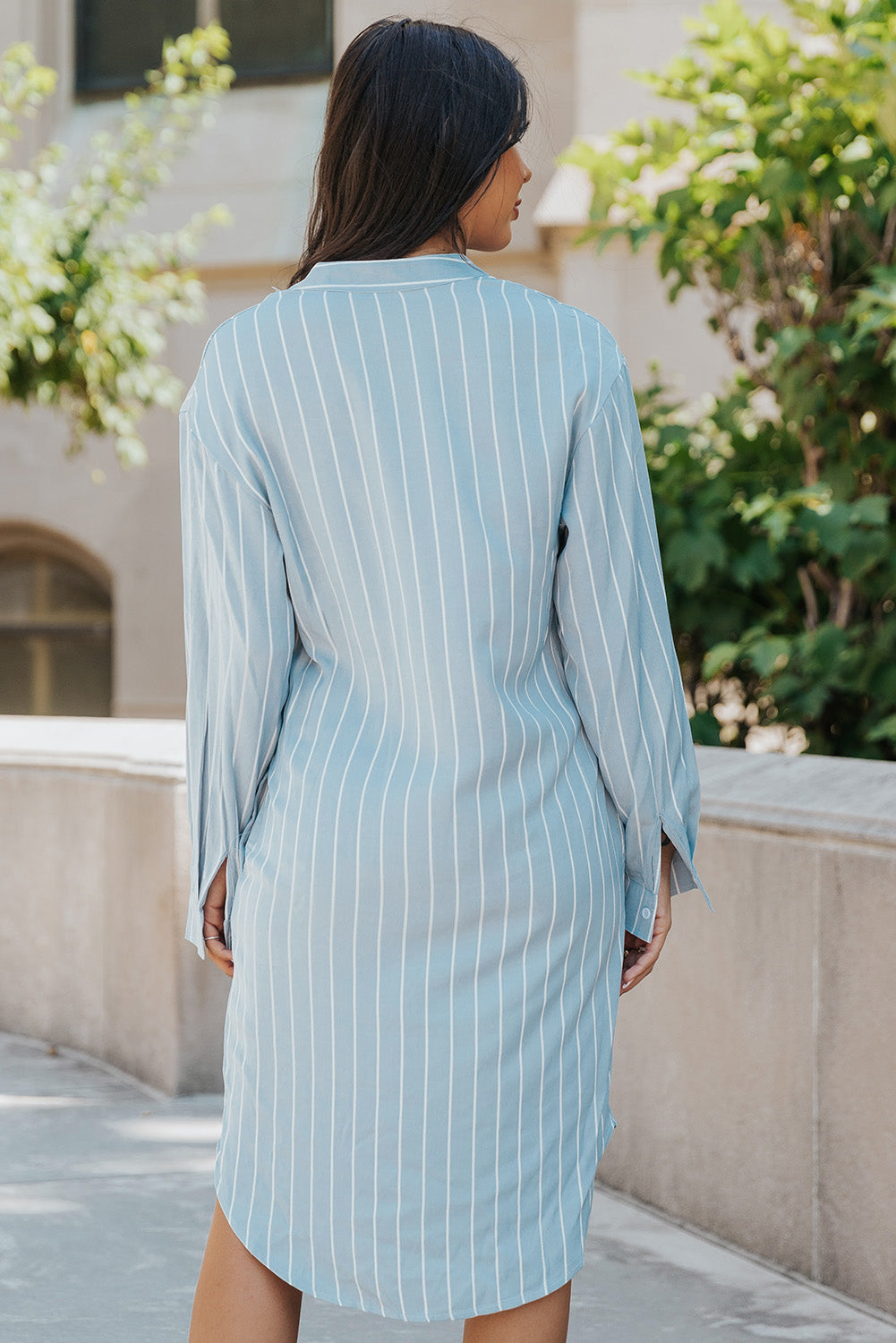 Striped Band Collar Shirt Dress with Pockets