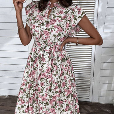 Floral Tie-Neck Flutter Sleeve Midi Dress - LXM Fashion 