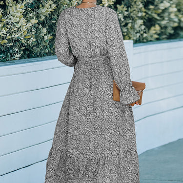 Printed Tie Belt Ruffle Hem Dress - LXM Fashion 