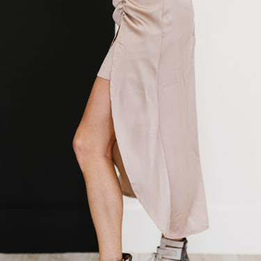 HYFVE Glam It Up Ruched Satin Tulip Hem Skirt - LXM Fashion 