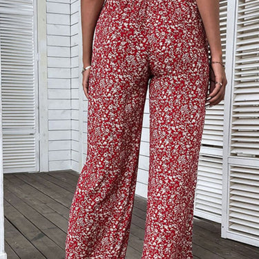 Ditsy Floral Slit Paperbag Waist Wide Leg Pants - LXM Fashion 