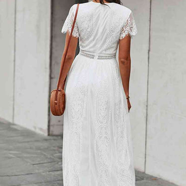 Fashion Collection Lace Hollow-Out V Neck Maxi Dress - LXM Fashion 