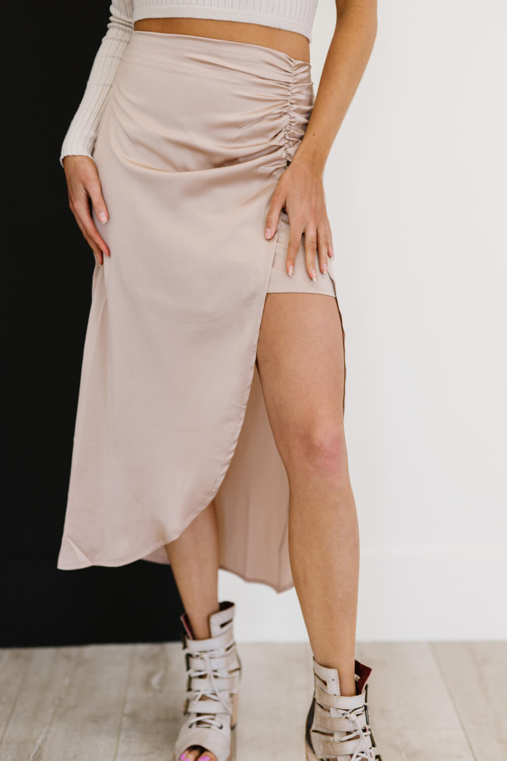 HYFVE Glam It Up Ruched Satin Tulip Hem Skirt - LXM Fashion 