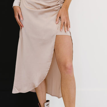 HYFVE Glam It Up Ruched Satin Tulip Hem Skirt - LXM Fashion 