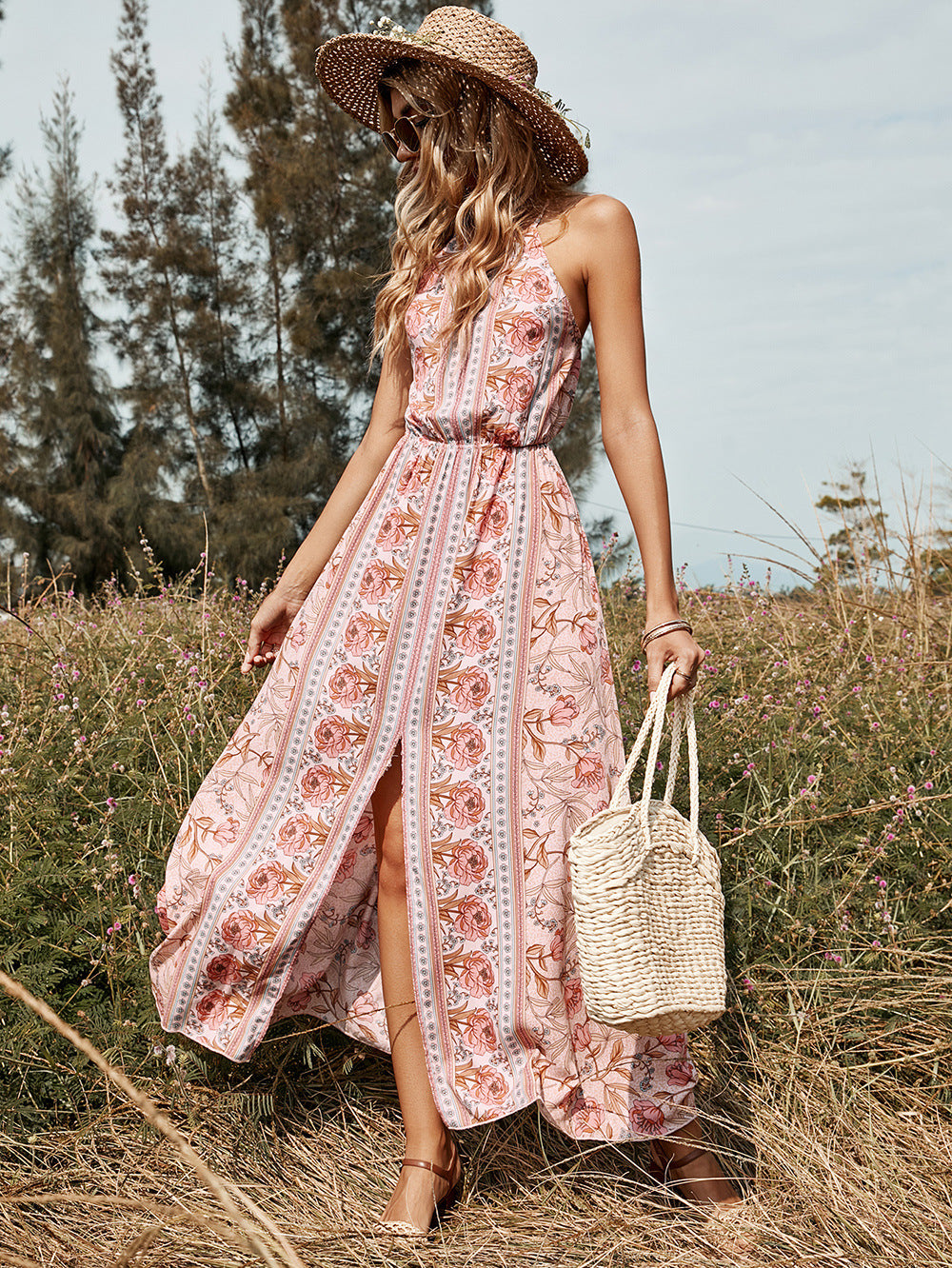 Floral Striped Backless Halter Neck Dress - LXM Fashion 