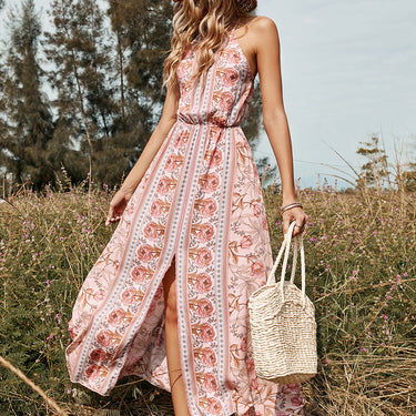 Floral Striped Backless Halter Neck Dress - LXM Fashion 