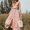 Floral Striped Backless Halter Neck Dress - LXM Fashion 