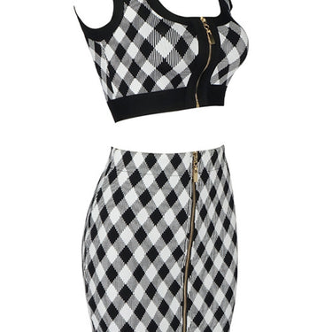Gingham Zip Front Crop Top and Skirt Set - LXM Fashion 