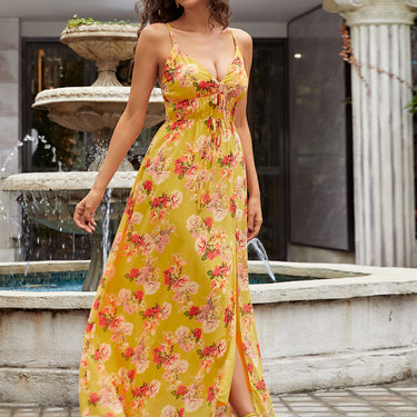 Floral Side Split Spaghetti Strap Maxi Dress - LXM Fashion 