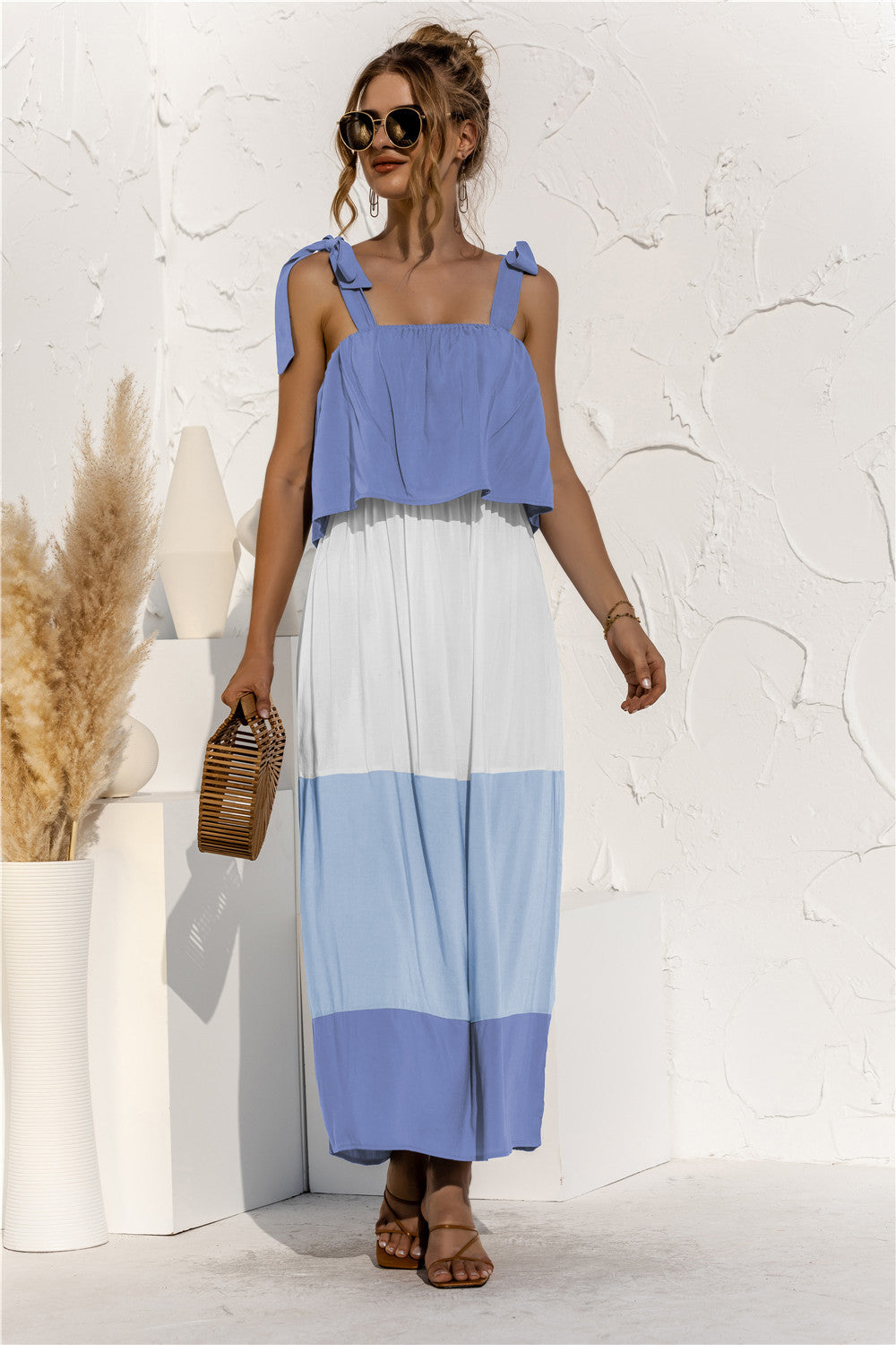Fashion Collection Color Block Adjustable Straps Ruffle Dress - LXM Fashion 