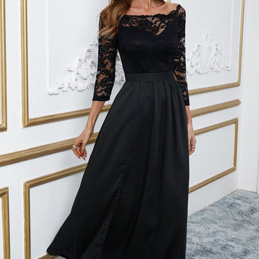 Spliced Lace Side Slit Boat Neck Maxi Dress - LXM Fashion 