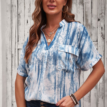 Printed Pocket Short Sleeve Blouse - LXM Fashion 