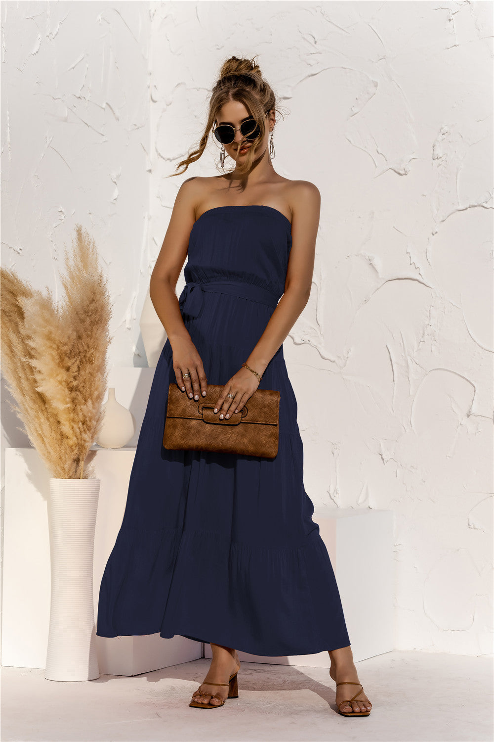 Strapless Tie Waist Maxi Dress - LXM Fashion 