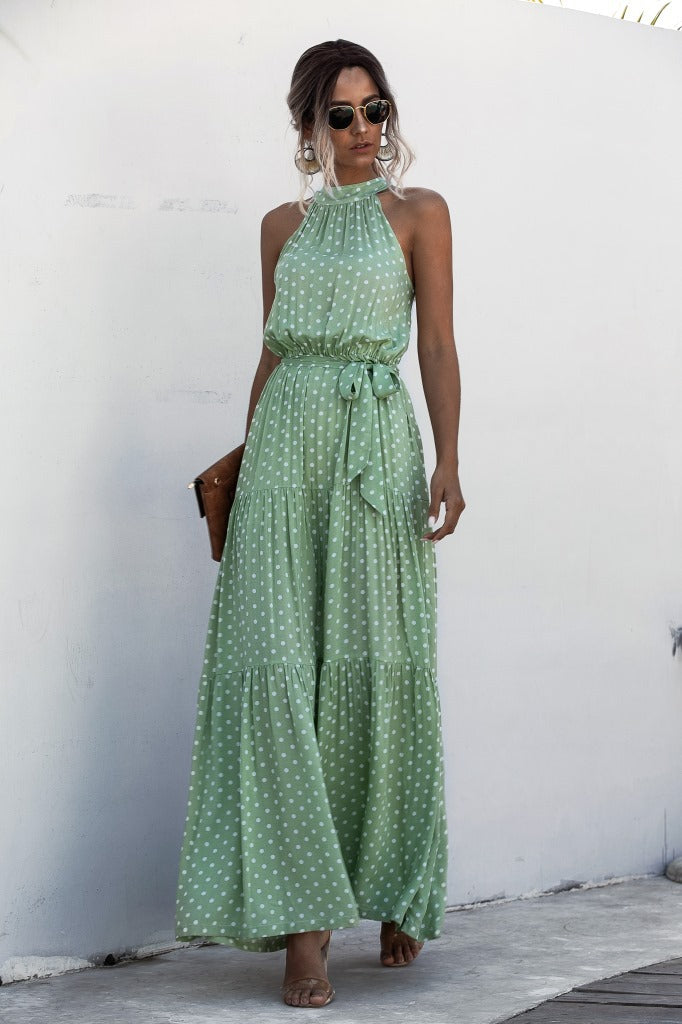 Polka Dot Halter Belted Dress - LXM Fashion 