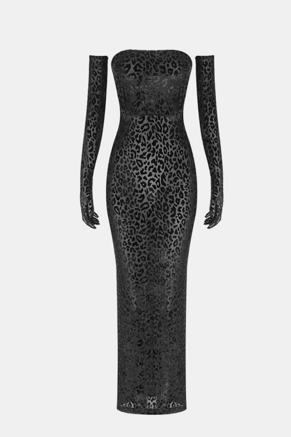 Leopard Burnout Velvet Strapless Maxi Dress with Gloves - LXM Fashion 