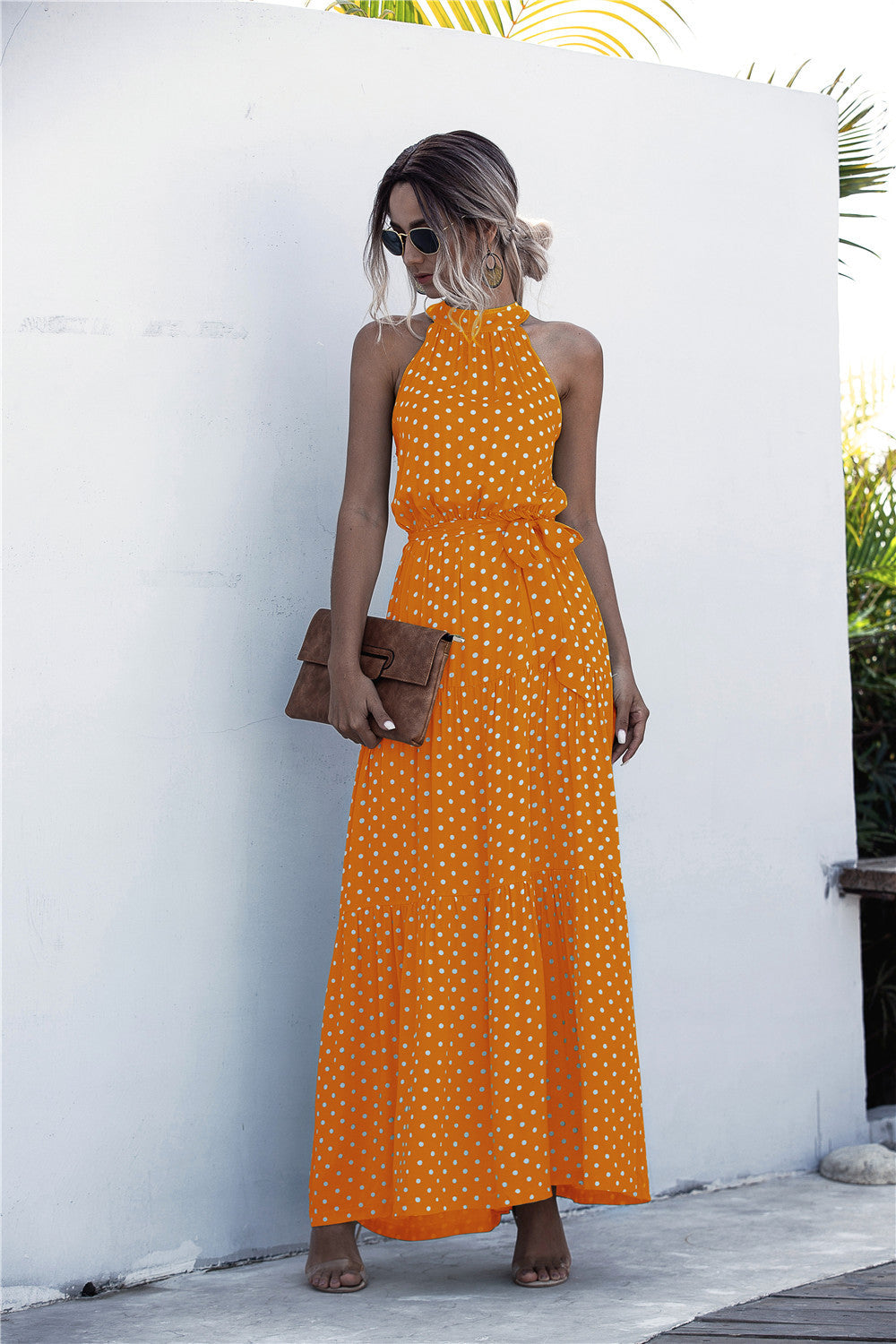 Polka Dot Halter Belted Dress - LXM Fashion 