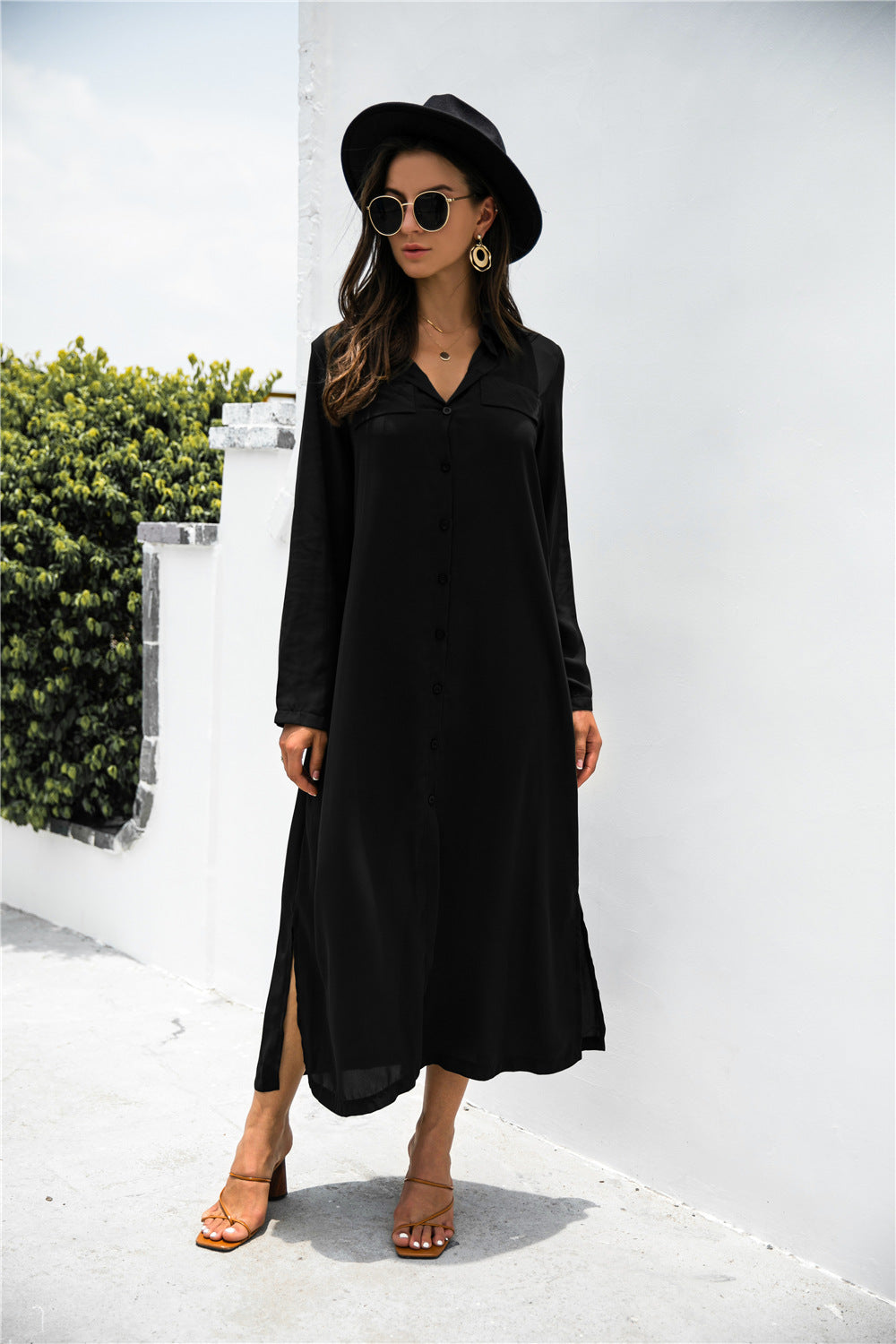 Button Down Ankle Length Shirt Dress - LXM Fashion 