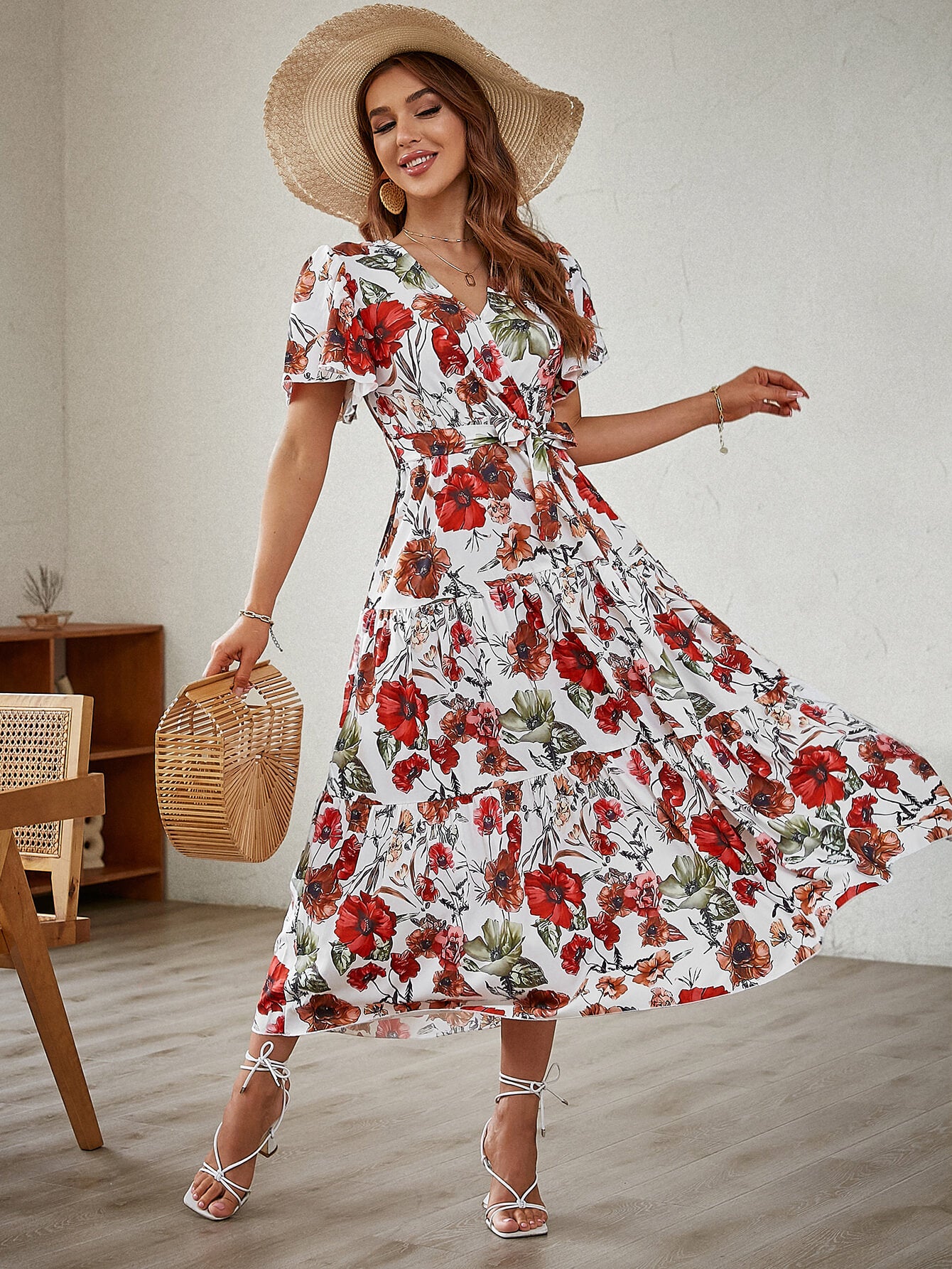 Floral Tied Surplice Midi Dress - LXM Fashion 