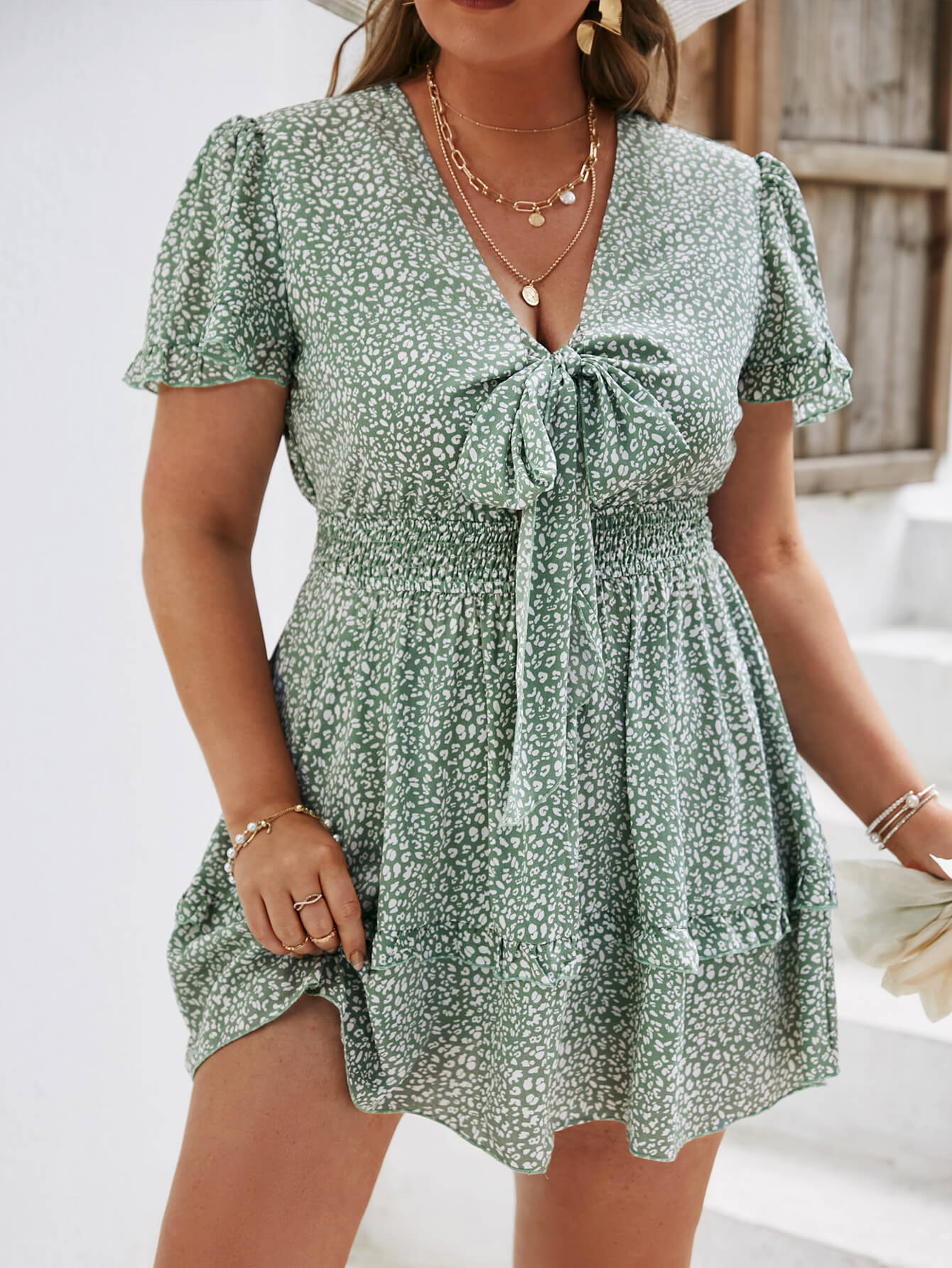 Plus Size Tie Front Flutter Sleeve Mini Dress - LXM Fashion 