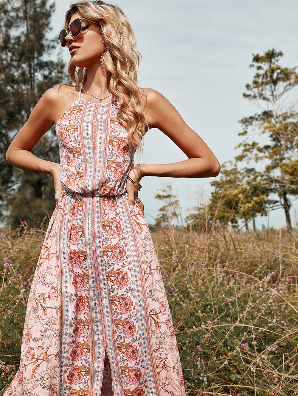 Floral Striped Backless Halter Neck Dress - LXM Fashion 