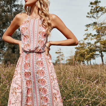 Floral Striped Backless Halter Neck Dress - LXM Fashion 
