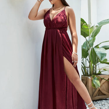 Simplee Crisscross Side Split Plunge Velvet Maxi Dress - LXM Fashion 