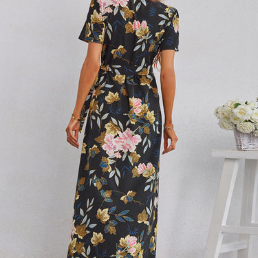 Floral Split Short Sleeve Maxi Dress - LXM Fashion 