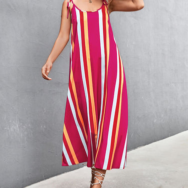 Striped Tie Shoulder Low Back Dress - LXM Fashion 