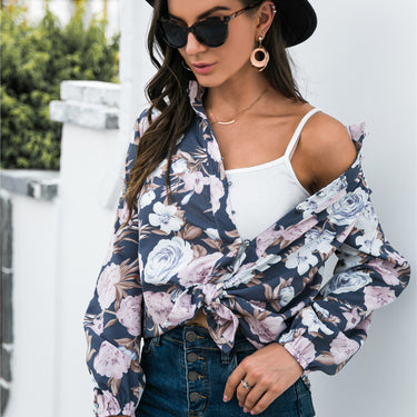 Floral Print Covered Button Front Blouse - LXM Fashion 